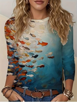Women'S Long Sleeve Fish Print T-Shirt - Vibrant Ocean Scene with Fish, Coral & Sky Design, Breathable Round Neck Tee for Spring/Fall Casual Wear, Spring Fashion Tee | Vibrant Print Top | Comfortable Fit