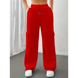 3pcs Women'S Cargo Pants - Solid Color Athletic Joggers with Drawstring Waist, Multiple Pockets, Elastic Cuffs & Hem, All-Season Comfort for Casual & Wear, Jogging Pants, Wear, Functional Pockets, Durable Fabric