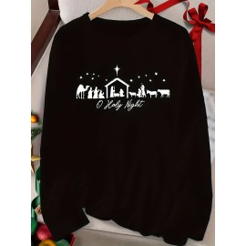 Women's Long Sleeve T-Shirt - Black Round Neck Casual Polyester Top with Geometric Applique Design, Machine Washable Holiday Apparel for Autumn Winter, Festive Clothing, Festive Design, Detailed Embroidery