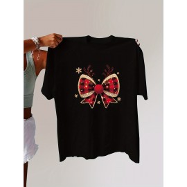 1pc Women'S Plus Size Christmas T-Shirt - Casual Crew Neck Polyester Top with Slight Stretch, Festive Reindeer Bow Print, Knit Fabric Short Sleeve Tee for Summer