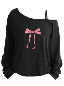 Plus Size - Plus Size Women'S Casual Long Sleeve Cami Top with Pink Bow Print - Asymmetrical Neckline, Soft Polyester Blend, Machine Washable, All-Season Comfort Fit, Ladies T Shirts