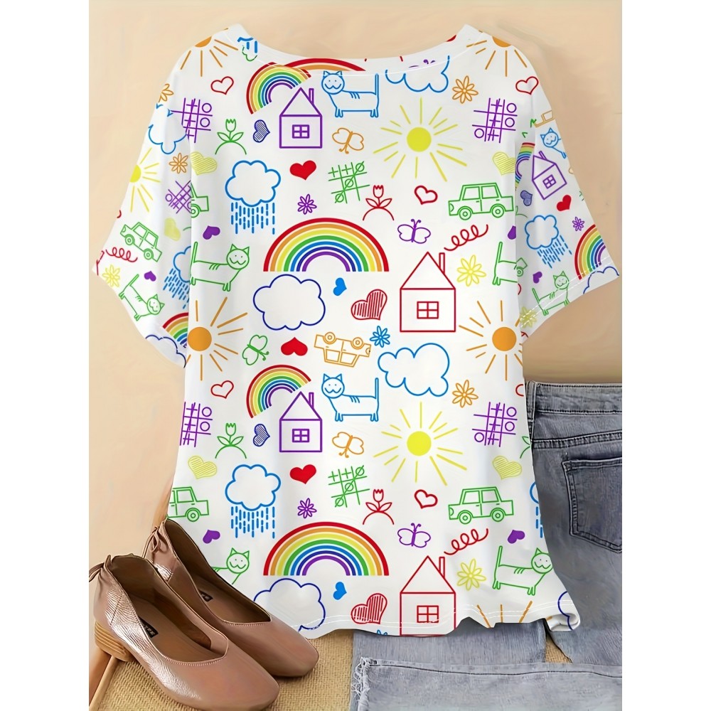 Plus Size - Fun Graffiti 3D Print, Comfortable And Breathable Elastic Fabric, Casual Loose Fit, Machine Washable Round Neck Short Sleeve T-Shirt, Suitable for Spring, Summer, And Autumn Outdoor And Weekend Gatherings.