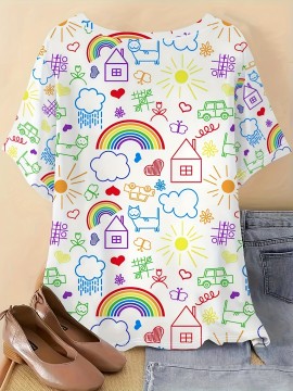 Plus Size - Fun Graffiti 3D Print, Comfortable And Breathable Elastic Fabric, Casual Loose Fit, Machine Washable Round Neck Short Sleeve T-Shirt, Suitable for Spring, Summer, And Autumn Outdoor And Weekend Gatherings.