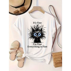 Plus Size, European and American bestseller, stylish plus-size Women's cute cat print T-shirt, comfortable and elegant casual round-neck short-sleeve top for spring, summer, and autumn seasons, machine washable