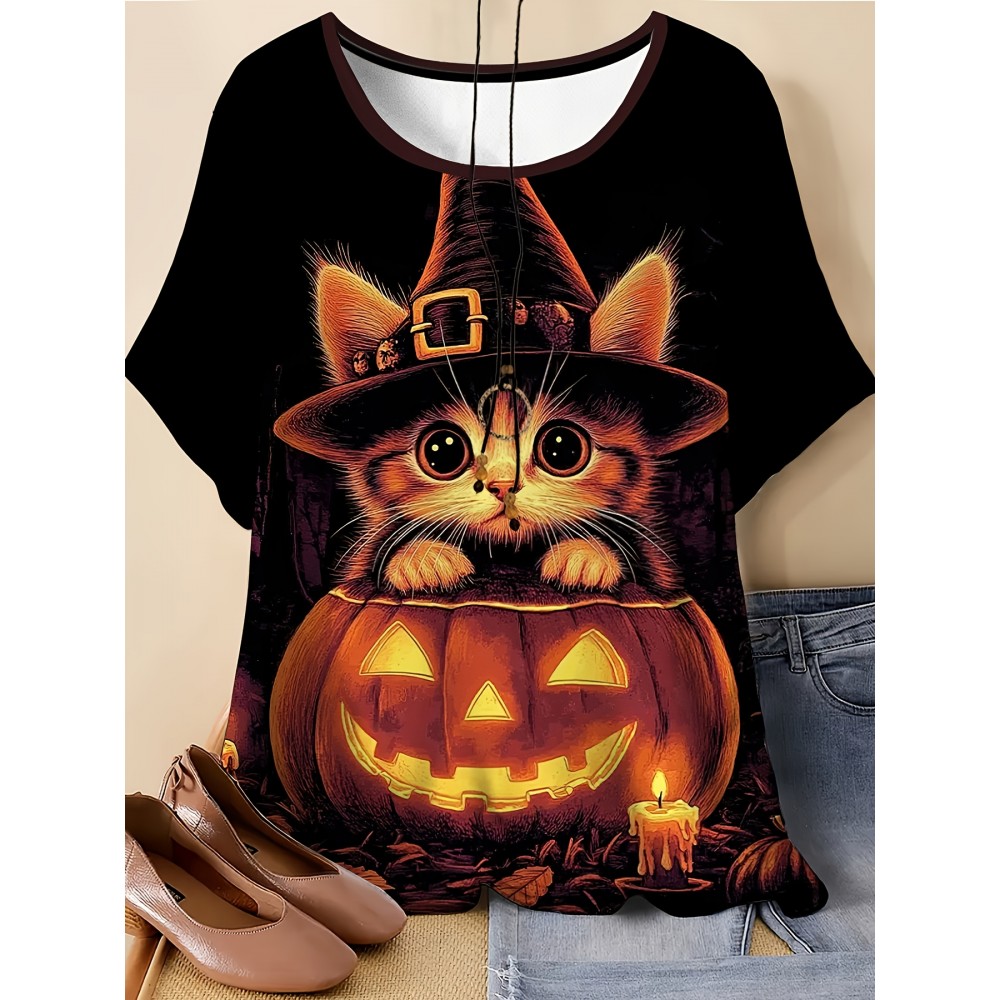 [Halloween] Plus Size, Women's 3D Halloween Cat & Jack-O'-Lantern Print T-Shirt - Cute Kitten in Witch Hat & Pumpkin Design, Soft Round Neck Short Sleeve Top, Machine Washable All-Season Comfort for Fall Parties & Casual Attire (Black)
