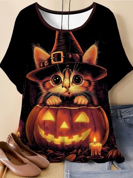 [Halloween] Plus Size, Women's 3D Halloween Cat & Jack-O'-Lantern Print T-Shirt - Cute Kitten in Witch Hat & Pumpkin Design, Soft Round Neck Short Sleeve Top, Machine Washable All-Season Comfort for Fall Parties & Casual Attire (Black)
