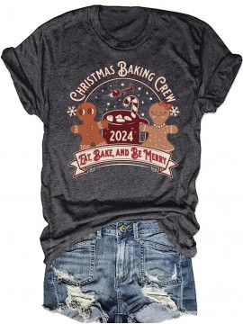[Plus Size Christmas Tee] Plus Size Women's Christmas Baking Crew Graphic T-Shirt - Festive Gingerbread & Santa Design, 