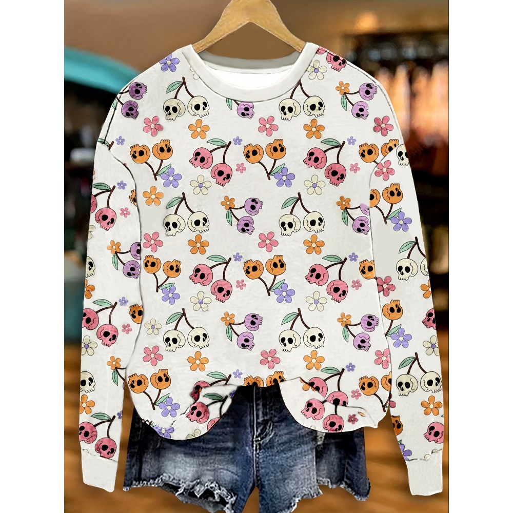 Plus Size - Women'S Plus Size Halloween Graphic Sweatshirt - Casual Crew Neck Pullover with Skull & Pumpkin Print, White with Black & Orange Design, Short Sleeve, All-Season Comfort Fit, Halloween Sweatshirt