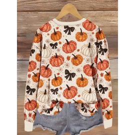 Plus Size, Plus Size Women's Halloween Pullover Sweatshirt - Oversized Casual Round Neck Long Sleeve with Pumpkin Floral Butterfly Print, Machine Washable Fall Autumn Holiday Party Top