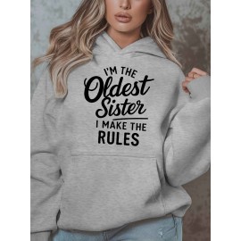 Women'S Plus Size Casual Hoodie with Pockets, Oversized Alphabet Print Long-Sleeve Pullover, 100% Polyester Knit Fabric, Slight Stretch, Fall/Winter Fashion Top
