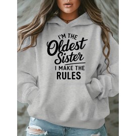 Women'S Plus Size Casual Hoodie with Pockets, Oversized Alphabet Print Long-Sleeve Pullover, 100% Polyester Knit Fabric, Slight Stretch, Fall/Winter Fashion Top