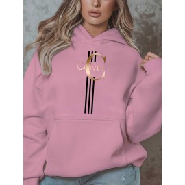 Calvin s Plus Size Oversized Hooded Sweatshirt - Light Grey with Black Letter 'C' & Golden Stripes Print, Cozy Fleece Pullover with Pockets, Women's Autumn Winter Casual Clothing, Autumn Winter Apparel, Comfortable Sweatshirt