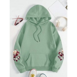 Plus Size - Women'S Plus Size Floral Print Hoodie - Soft, Comfortable Long Sleeve with Pockets, Casual Brown Pullover for All-Season Wear, Casual Wear Hoodie | Floral Print Hoodie | Soft Fabric Hoodie