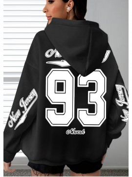 [Plus Size Hoodie] Soft Women's Plus Size Oversized Hoodie with New Jersey 93 Graphic Print | Machine Washable, Comfortable Clothing, Durable Fabric, Streetwear Fashion, Relaxed Fit, Breathable Material, Unisex Style, Black with White Lettering