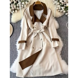 Elegant Beige & Black Color Block Trench Coat with Lapel Collar - Long Sleeve, Mid-Length, Button-Up Outerwear for Women, Perfect for Fall 2025, Stylish Commuter Wear | Chic Lapel Collar | Structured Design