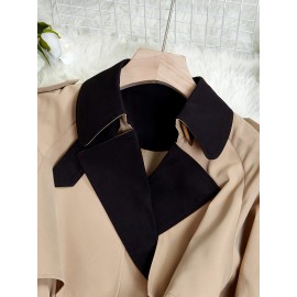 Elegant Beige & Black Color Block Trench Coat with Lapel Collar - Long Sleeve, Mid-Length, Button-Up Outerwear for Women, Perfect for Fall 2025, Stylish Commuter Wear | Chic Lapel Collar | Structured Design