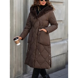 [Cozy Winter Jacket] Warm Cozy Women's Faux Fur-Lined Hooded Jacket | Long Winter Coat with Zipper Closure, Casual Loose Fit, Solid Brown, Perfect for Cold Weather Outfits