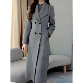 Double Breasted Lapel Longline Jacket, Elegant Long Sleeve Pockets Simple Slim Overcoat For Fall & Winter, Women's Clothing