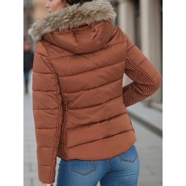 Women's Lightweight Quilted Hooded Jacket with Detachable Faux Fur Hood, Golden Metal Zipper & Side Gathers - Machine Washable Regular Fit Coat for Fall & Winter, Casual Outerwear