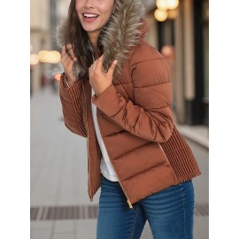 Women's Lightweight Quilted Hooded Jacket with Detachable Faux Fur Hood, Golden Metal Zipper & Side Gathers - Machine Washable Regular Fit Coat for Fall & Winter, Casual Outerwear