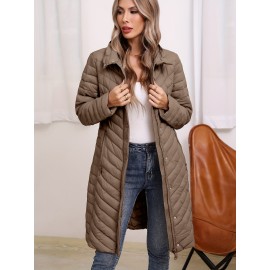 Women'S Lightweight Long Winter Coat - Warm Padded Zipper Front, Elegant Solid Color, Regular Fit Long Sleeve Coat for Daily Casual Comfort & Formal Occasions, Winter Coats, Seasonal Fashion, Sophisticated Style, Cozy Fabric