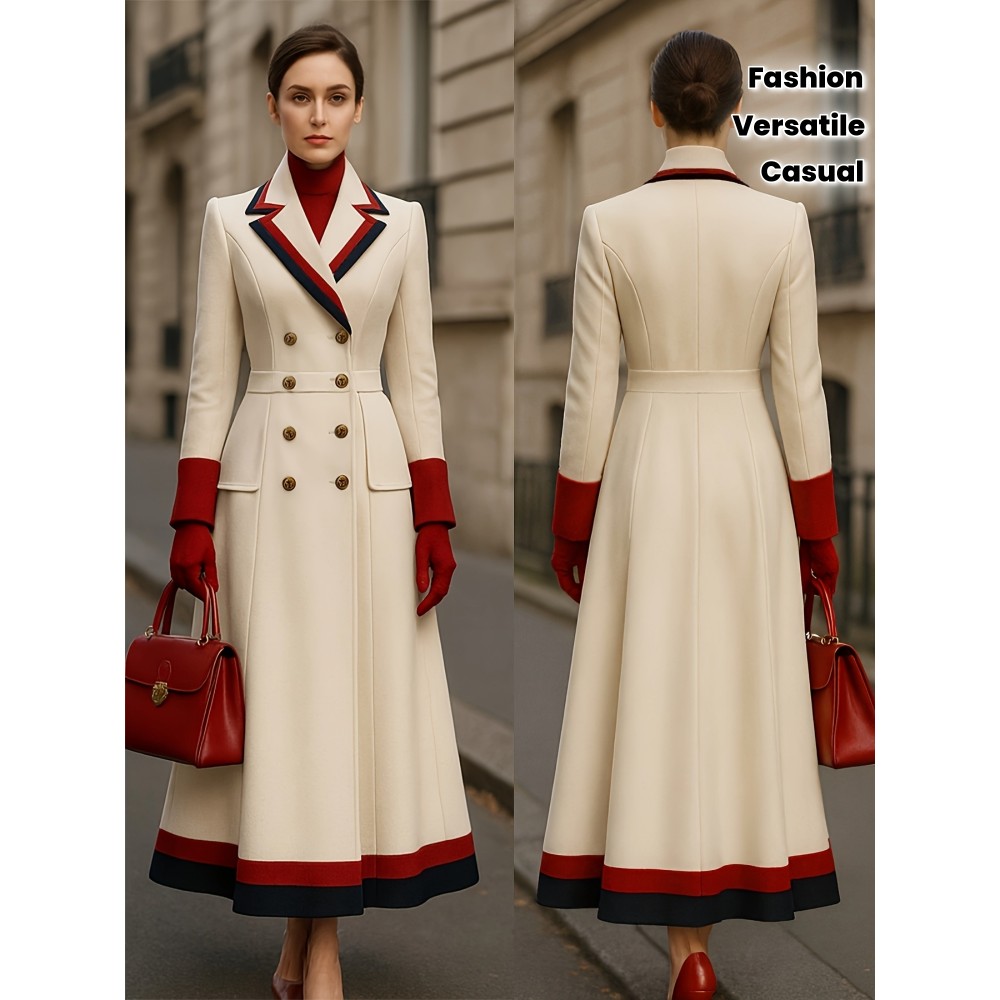 New High-End Fashion Versatile Stylish Goddess and Mature Tweed Coat with Color Blocking, French Style Metal Double-Breasted Long Overcoat, Casual Commuter Women's Outerwear