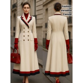 New High-End Fashion Versatile Stylish Goddess and Mature Tweed Coat with Color Blocking, French Style Metal Double-Breasted Long Overcoat, Casual Commuter Women's Outerwear