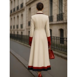 New High-End Fashion Versatile Stylish Goddess and Mature Tweed Coat with Color Blocking, French Style Metal Double-Breasted Long Overcoat, Casual Commuter Women's Outerwear