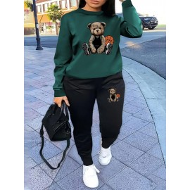 Women'S Casual Sports Fashion Bear Basketball Pattern Crew Neck Sweatshirt Set with Knit Fabric, 100% Polyester Material, Fall/Winter Season, Slight Stretch Fabric, Solid Color Pants - Athletic Loungewear Outfits