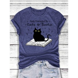 [Playful Cat T-Shirt] Lightweight & Stretchy Charming Black Cat & Book Illustration T-Shirt | Casual Crew Neck, Short Sleeve, Perfect for Spring & Summer, S-XXL, Cat Lover Gift