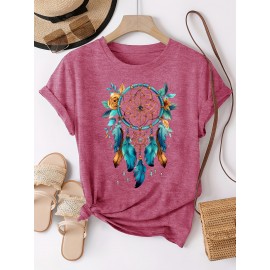 [Dreamcatcher T-Shirt] Bohemian Dreamcatcher Women's T-Shirt | Casual Loose Fit Round Neck Short Sleeve Top, Breathable Machine-Washable Fabric for Summer Vacation & Casual Attire, Multi-Color Options S-XXL