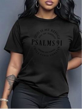 Calvin Women'S Graphic T-Shirt - Psalms 91:11 Inspirational Bible Verse Print, Soft Stretch Round Neck Tee, Breathable Casual & Athletic Wear for Everyday Comfort, All-Season Black Top, Comfortable Clothing | Motivational Apparel | Soft Fabric Tee