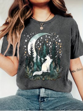 [Bohemian | Soft Stretch] Women's Bohemian T-Shirt | Soft Stretch Round Neck Short Sleeve Top | Fox & Pine Forest Graphic, All-Season Casual, Machine Washable, Multi-Color S-XXL