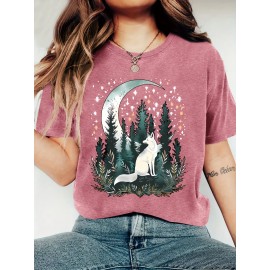 [Bohemian | Soft Stretch] Women's Bohemian T-Shirt | Soft Stretch Round Neck Short Sleeve Top | Fox & Pine Forest Graphic, All-Season Casual, Machine Washable, Multi-Color S-XXL
