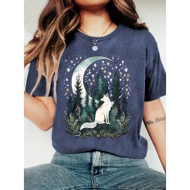 [Bohemian | Soft Stretch] Women's Bohemian T-Shirt | Soft Stretch Round Neck Short Sleeve Top | Fox & Pine Forest Graphic, All-Season Casual, Machine Washable, Multi-Color S-XXL