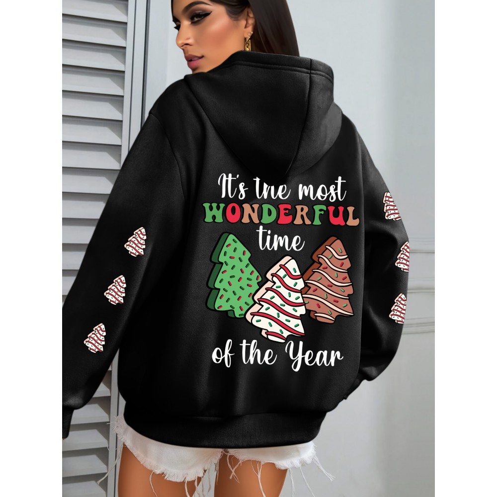 Winter Warmth | Women's Plus Size Christmas Tree Print Hoodie - Cozy Long Sleeve Pullover with Pockets, Festive 