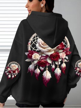 Plus Size - Women'S Plus Size Floral Print Hoodie - Soft, Comfortable Long Sleeve with Pockets, Casual Brown Pullover for All-Season Wear, Casual Wear Hoodie | Floral Print Hoodie | Soft Fabric Hoodie