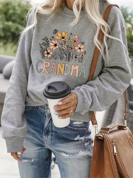 [Polyester Floral Grandma Sweatshirt] Polyester 100% Floral Grandma Graphic Pullover Sweatshirt - Plus Size, Crew Neck, Slight Stretch, Casual Sportswear for Fall/Winter - 260g/m²